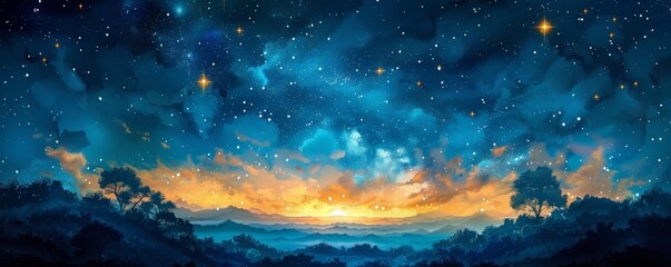 Abstract night sky with shooting stars in watercolor.