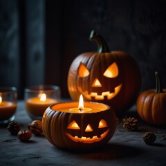 Fototapeta premium A spooky Halloween setting featuring a glowing Jack-o'-lantern with a candle inside, The festive atmosphere