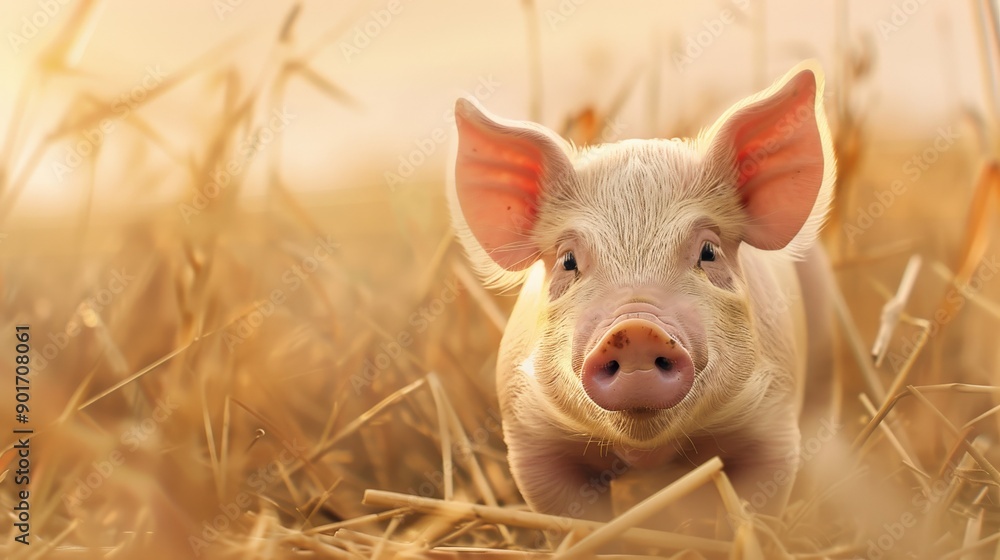 Poster a pig is standing in a field of tall grass. the pig is looking at the camera with its eyes wide open