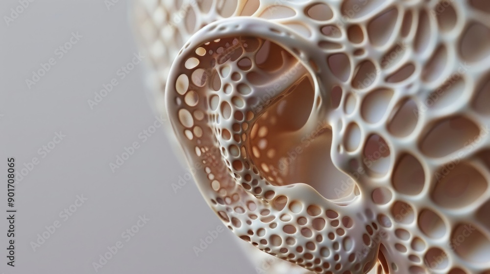 Poster generate an image of a stylized ear with intricate, geometric patterns within the ear structure, set
