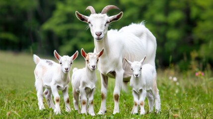 Fototapeta premium A white goat is standing in a field with other goats.