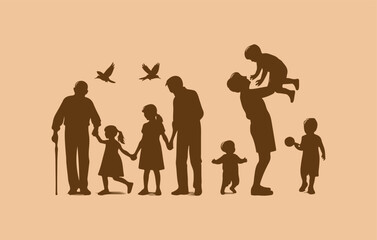 "Heartwarming Silhouette Vector Illustration of Grandchildren Playing with Grandparents"