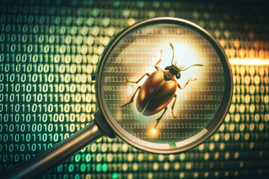 Magnifying glass and bug silhouette made from binary code