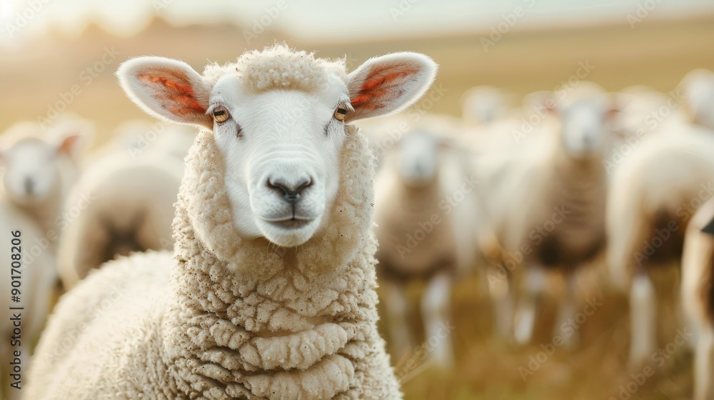Poster a sheep with a white face stands in a field with other sheep. the sheep is the center of attention a