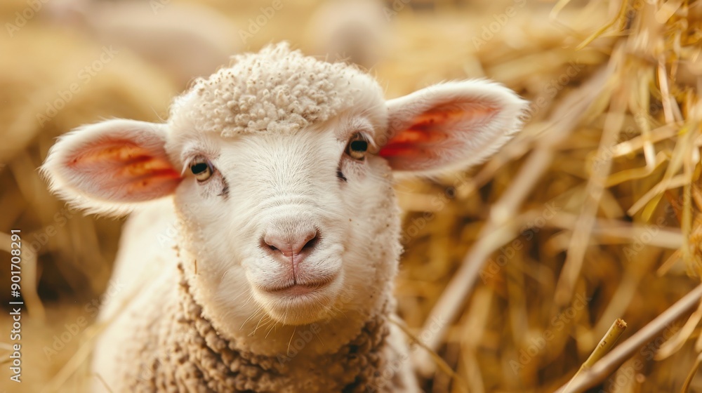 Poster a sheep with a white face stands in a field with other sheep. the sheep is the center of attention a
