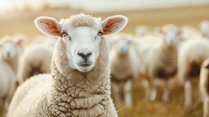 Fototapeta premium A sheep with a white face stands in a field with other sheep. The sheep is the center of attention and he is looking at the camera