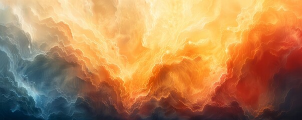 A colorful, abstract painting of clouds with a yellow and orange hue