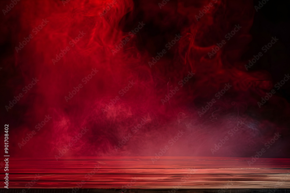 Poster empty wooden table with red smoke float up on dark background