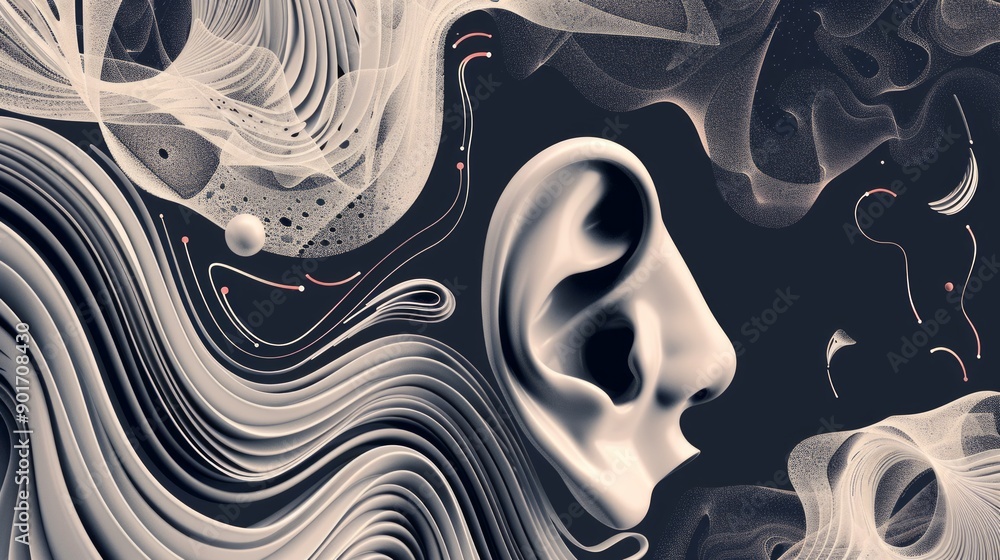 Aufkleber design a surreal visual of an ear with sound waves emanating from it, set against a bold, monochroma