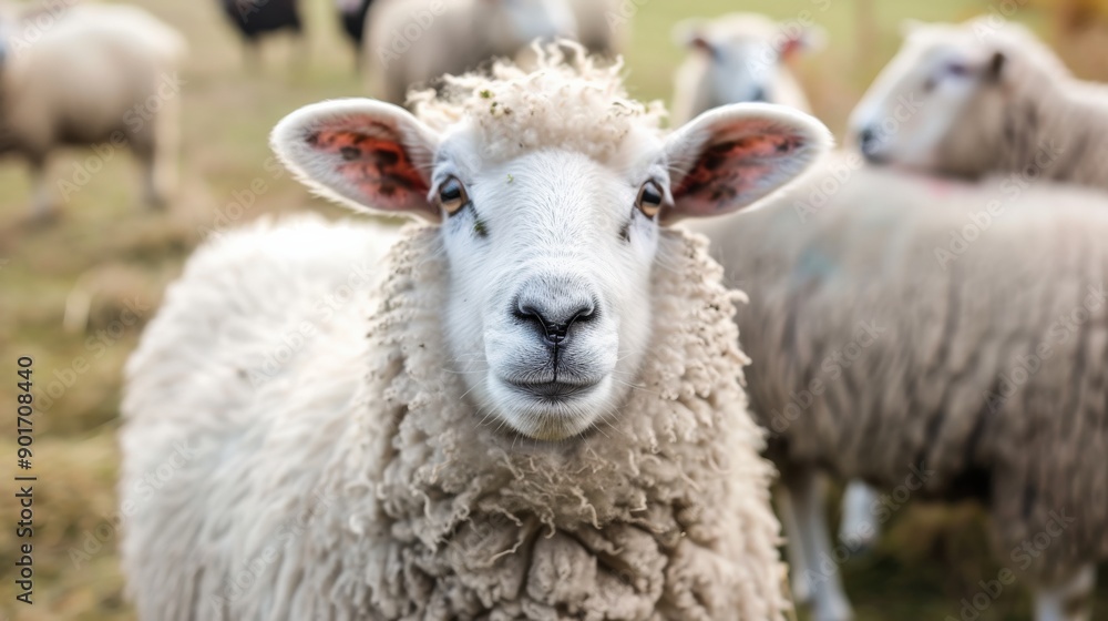 Poster a sheep with a white face stands in a field with other sheep. the sheep is the center of attention a