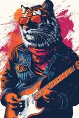 Obraz premium A vibrant illustration of a tiger wearing sunglasses and playing guitar, blending music and wild spirit in a colorful design.