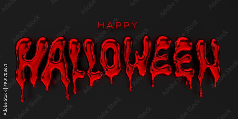 Wall mural bloody inscription happy halloween. dripping molten glossy red font on black background. bloody hall