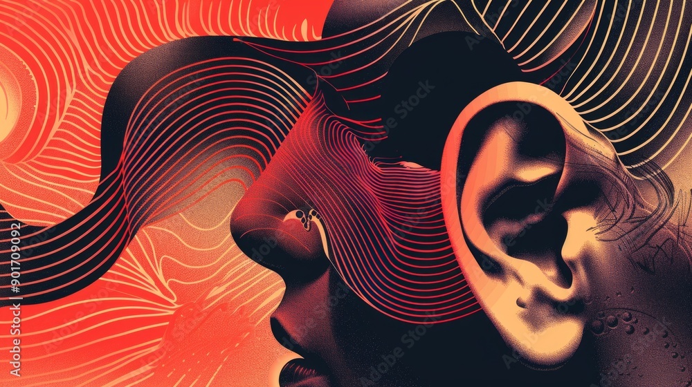 Poster design a surreal visual of an ear with sound waves emanating from it, set against a bold, monochroma