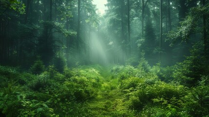 Obraz premium Serene Morning Light Filters Through Lush Green Forest In Early Autumn. Generative AI