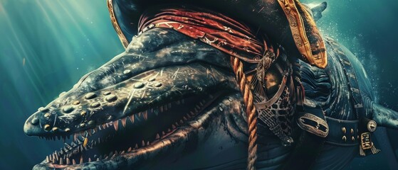 A mix of pirate and sea creature with menacing features: sharp teeth, pirate garb in the form of an eye patch and hat, all in an underwater setting.