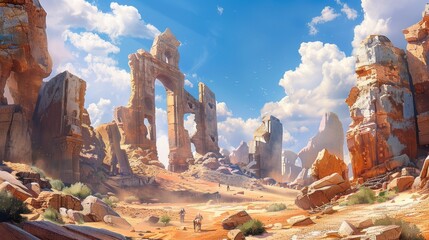 Desert scene with rock archway, figures in robes, and historical ruins. Quiet grandeur in natural setting with human presence and ancient remnants.