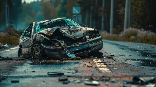 A smashed black car on a country road shows the aftermath of a serious accident. The car is badly damaged, with debris lying around, emphasizing the force of the impact.