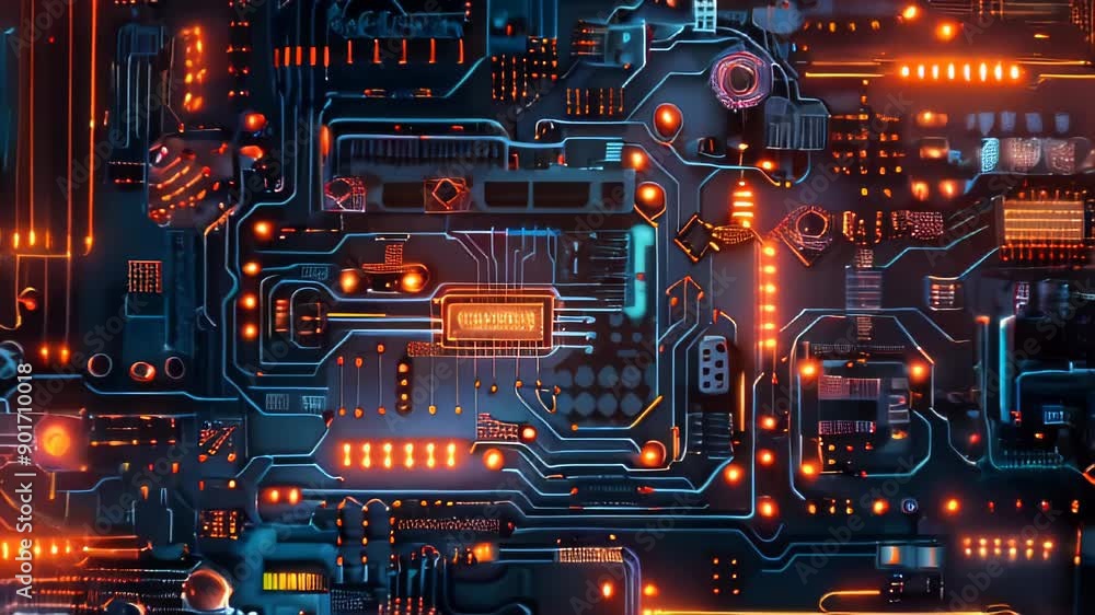 Poster a close-up view of a complex circuit board.