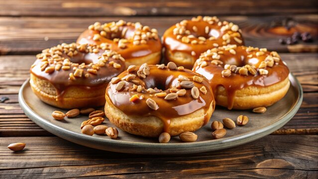 Sweet indulgence awaits with a plate of freshly baked donuts smothered in rich caramel and topped with crunchy nuts, arranged artfully on a rustic wooden table.