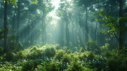 Sunlight Filtering Through Tall Trees in a Lush Green Forest During Early Morning. Generative AI