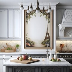 Parisian Inspired Kitchen Interior with Eiffel Tower Painting