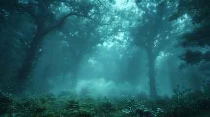 Obraz premium Misty Forest Landscape in Early Morning Light Surrounded by Dense Trees and Wildflowers. Generative AI