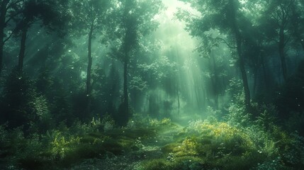 Obraz premium Mysterious Forest Glade Illuminated by Sunlight During Early Morning Hours. Generative AI