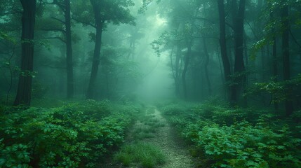 Fototapeta premium Misty Forest Trail Surrounded by Lush Green Foliage on a Foggy Morning. Generative AI