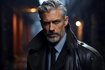 A confident man in a stylish coat, embodying a mysterious and sophisticated aura in a dimly lit urban setting.