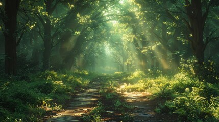 Obraz premium Sunlight Filtering Through Dense Trees in Lush Forest During Early Morning Light. Generative AI