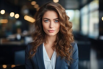 A confident woman with beautiful curly hair in a stylish outfit, posing elegantly in a modern cafe setting with bokeh background.