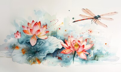 Abstract dragonfly and lotus in watercolor on a white canvas.