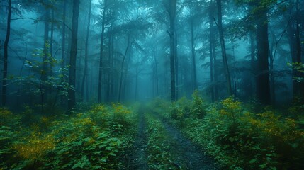 Obraz premium Misty Forest Path Surrounded by Lush Greenery and Vibrant Wildflowers at Dawn. Generative AI