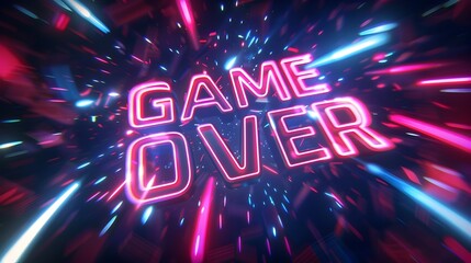 Glitched Neon  Game Over  Title Inscription on Dark Background with Blurred Motion Particles