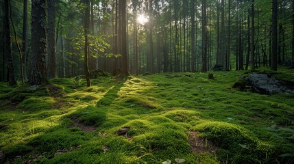 Obraz premium Majestic Forest Landscape at Sunrise With Lush Green Moss and Tall Trees. Generative AI