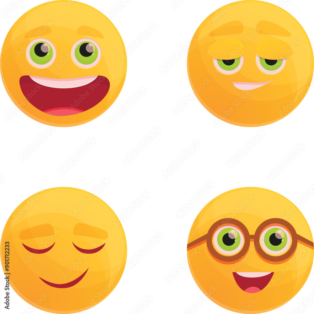 Poster facial expression icons set cartoon vector. smiley with different emotion face. chat communication e