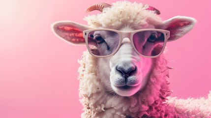 A sheep in sunglasses, on a plain pastel background.