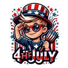 Patriotic Boy Celebrating 4th of July with Fireworks and Sunglasses