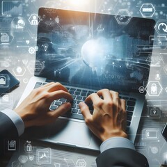 Global Connectivity Hands Typing on a Laptop with Digital Interface