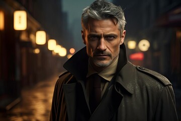 A moody portrait of a mature man in a trench coat, exuding confidence and intrigue in a dimly lit urban setting.