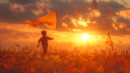 Child Running Through a Field at Sunset With an Orange Kite in Hand