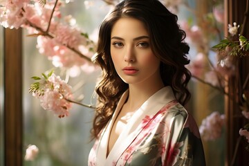 A serene portrait of a woman in a floral robe, surrounded by soft pink blossoms, exuding elegance and tranquility.