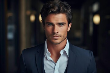 A stylish man in a formal suit exudes confidence and charisma against a dimly lit backdrop, ideal for fashion or lifestyle themes.