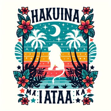 Hakuna Matata Lion Tropical Sunset Illustration
