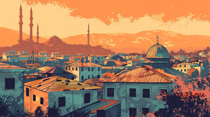 Fototapeta premium Risograph artsy riso print travel poster, card, wallpaper or banner illustration, modern, isolated, clear, simple of Suleimaniyah, Iraq. Artistic, screen printing, stencil