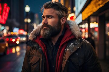 Fototapeta premium A stylish man with a beard stands on a city street at night, illuminated by bright lights, capturing a moment of urban life.