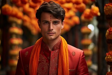 Fototapeta premium A young man dressed in traditional attire, showcasing vibrant culture amidst a festive backdrop of decorations and flowers.
