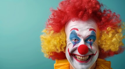 A smiling clown with a red nose and a multicolored wig on a uniform background.