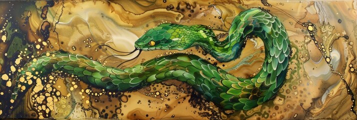 green wooden snake symbol of the year art painting in alcohol ink technique