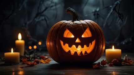 A spooky Halloween setting featuring a glowing Jack-o'-lantern with a candle inside, The festive atmosphere